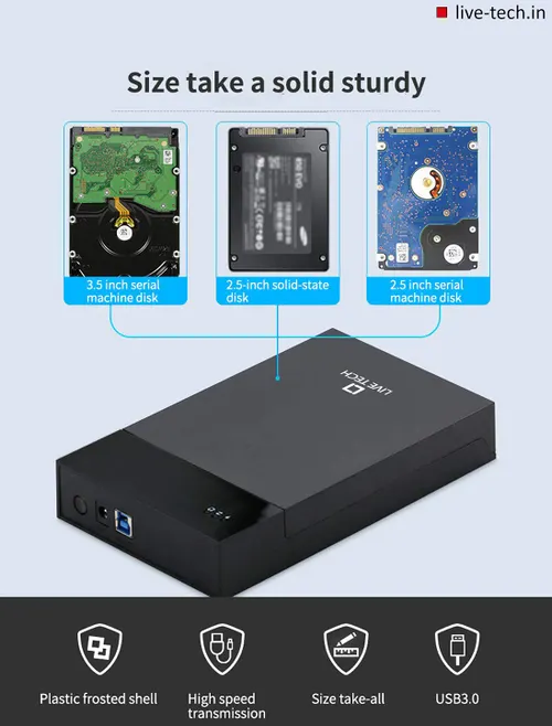 Live Tech 3.0 USB Casing 8.89 cm/6.35 cm(3.5/2.5 Inch) SATA to USB External Hard Drive Enclosure Case for Laptop/Desktop/SSD HD
